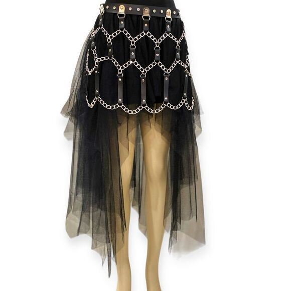 Black Leather Harness Waist Wide Skirt Chain Belt - NEW - Picture 1 of 4